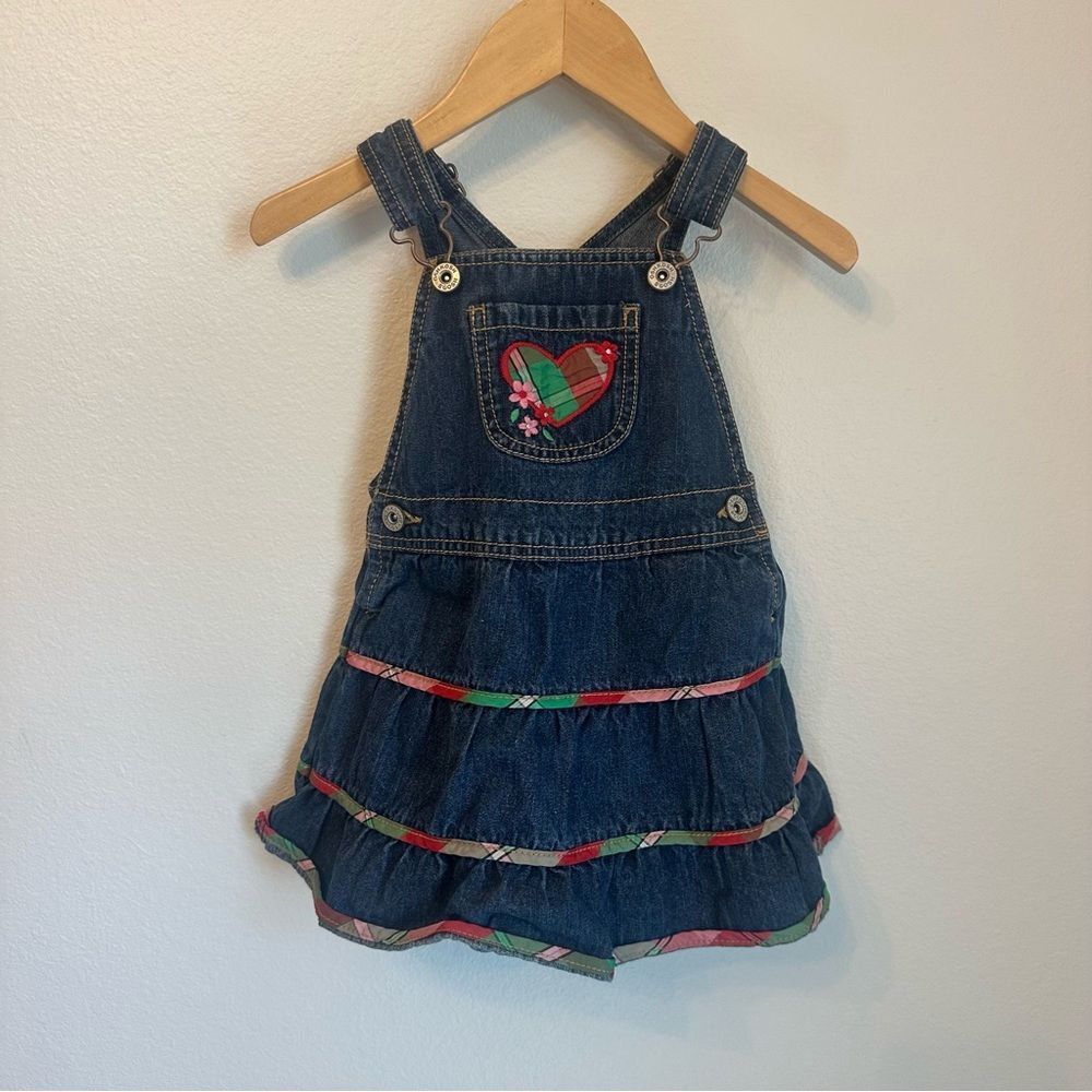 OshKosh B'gosh Dark Blue Denim Overall Dress with Multicolor Heart Patch